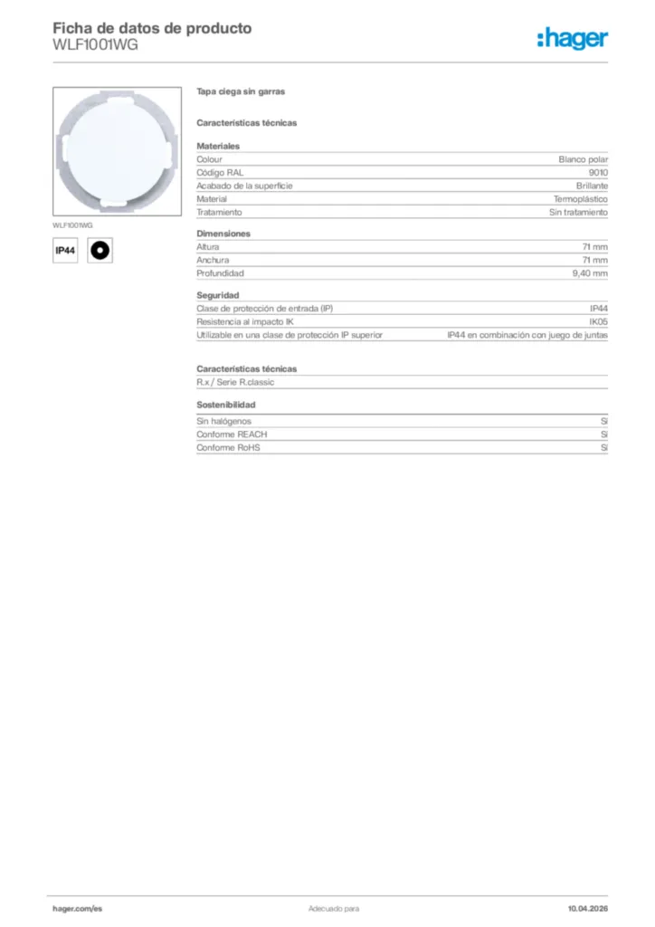 Imagen Hager Ficha de datos de producto WLF1001WG | Hager España