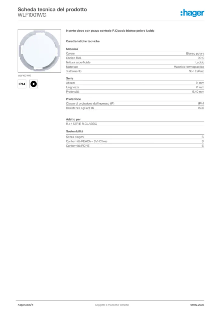 Immagine Hager Scheda tecnica del prodotto WLF1001WG | Hager Italia