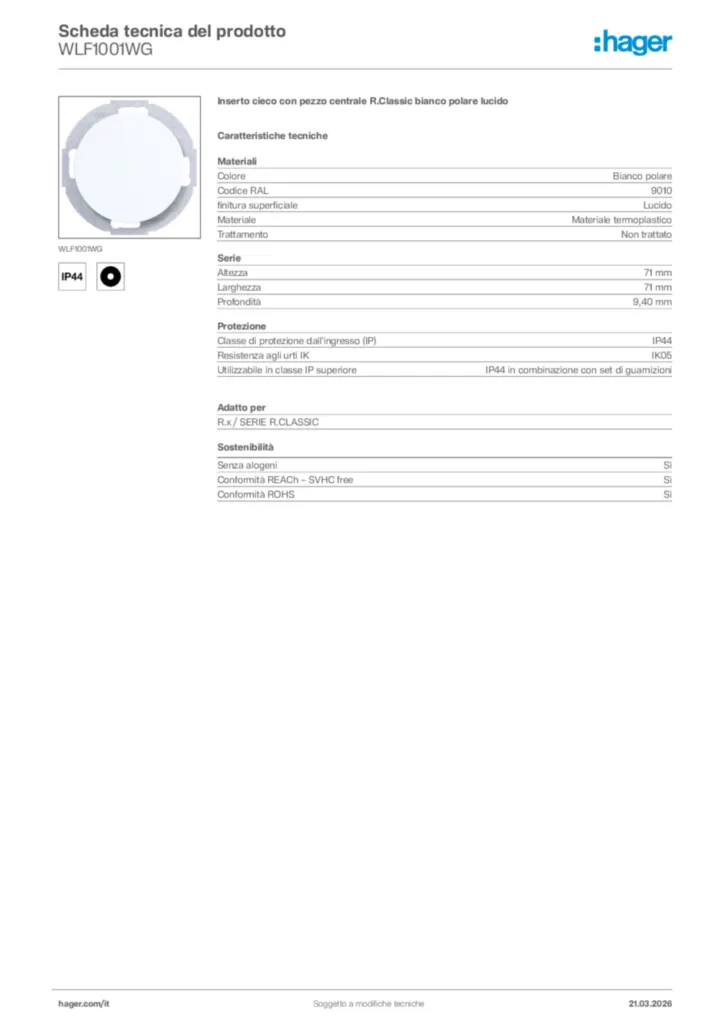 Immagine Hager Scheda tecnica del prodotto WLF1001WG | Hager Italia