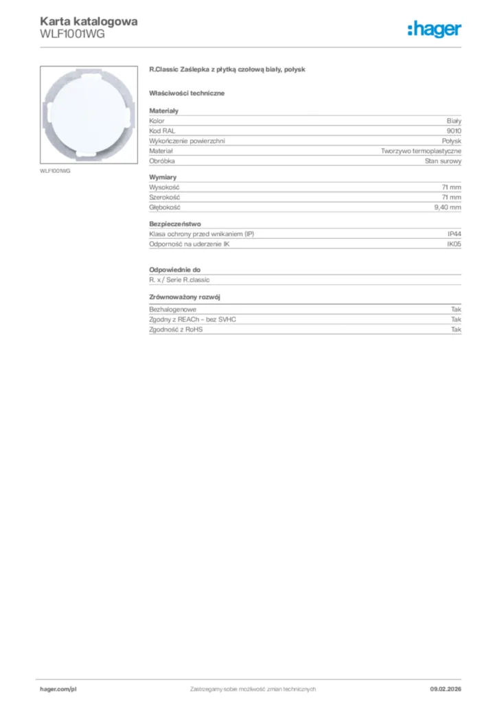 Zdjęcie Hager Karta katalogowa WLF1001WG | Hager Polska