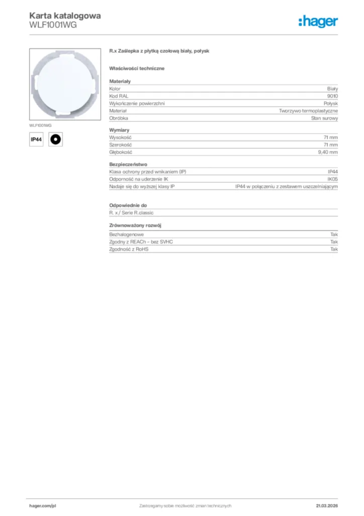 Zdjęcie Hager Karta katalogowa WLF1001WG | Hager Polska