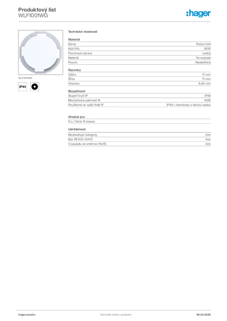 Obrázek Hager Product data sheet WLF1001WG | Hager