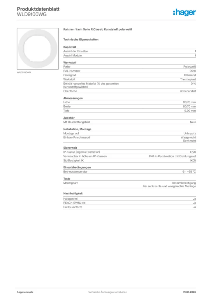 Bild Hager Produktdatenblatt WLD9100WG | Hager Deutschland