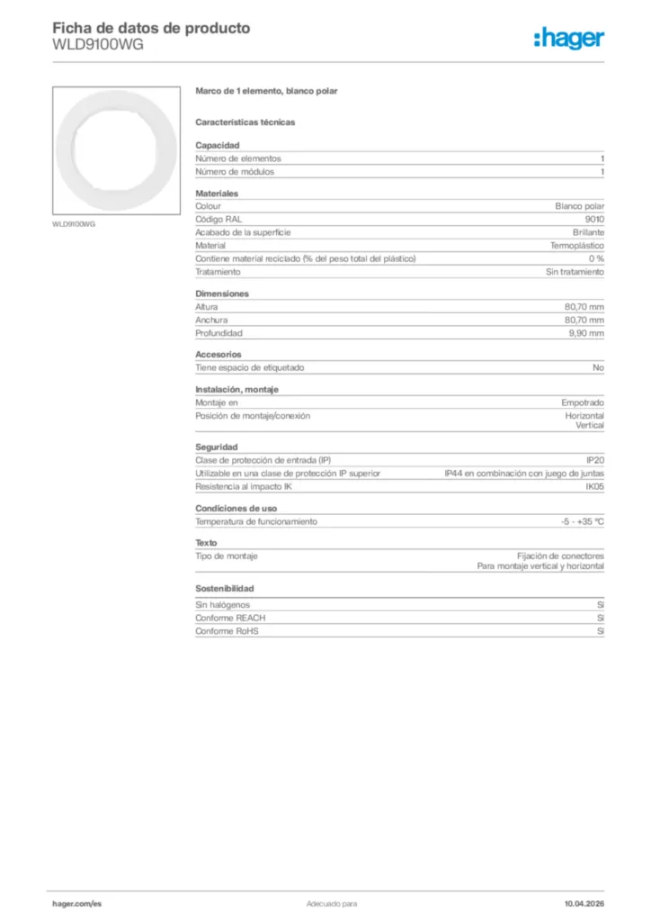 Imagen Hager Ficha de datos de producto WLD9100WG | Hager España
