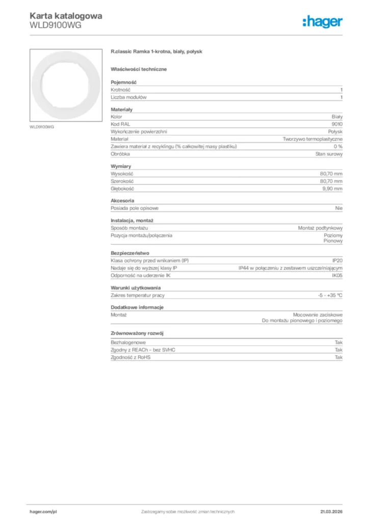 Zdjęcie Hager Karta katalogowa WLD9100WG | Hager Polska