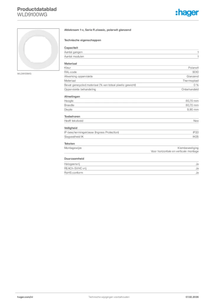 Afbeelding Hager Productdatablad WLD9100WG | Hager Nederland