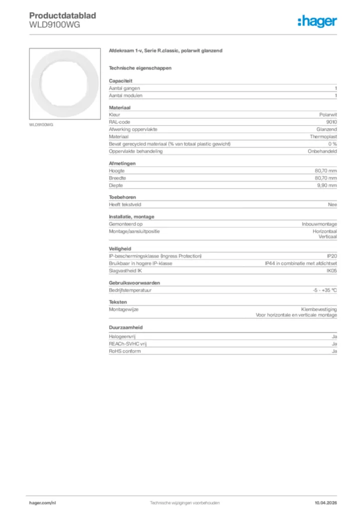 Afbeelding Hager Productdatablad WLD9100WG | Hager Nederland