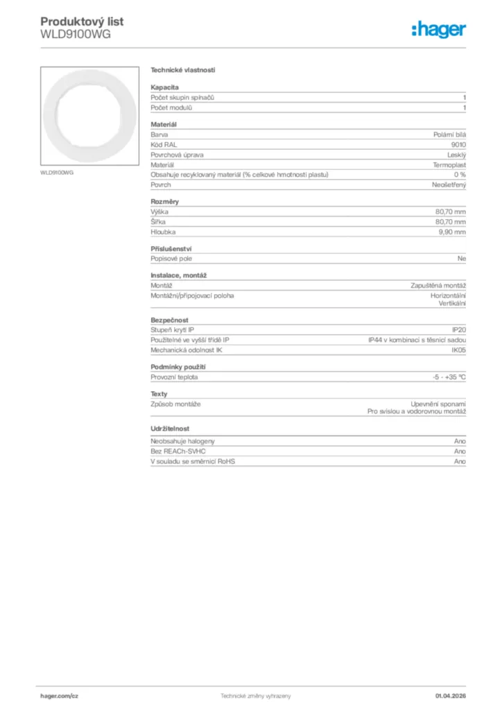 Obrázek Hager Product data sheet WLD9100WG | Hager