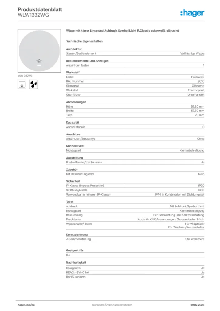 Bild Hager Produktdatenblatt WLW1332WG | Hager Deutschland