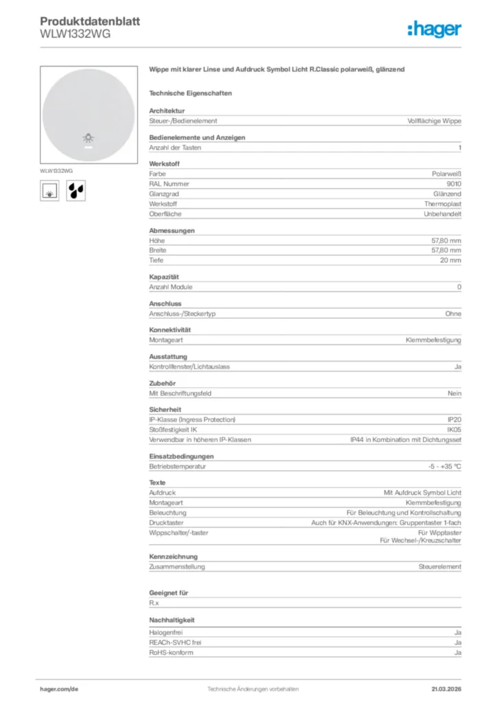 Bild Hager Produktdatenblatt WLW1332WG | Hager Deutschland