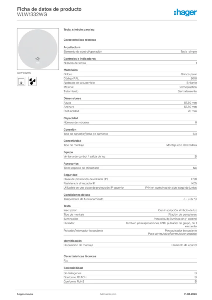 Imagen Hager Ficha de datos de producto WLW1332WG | Hager España