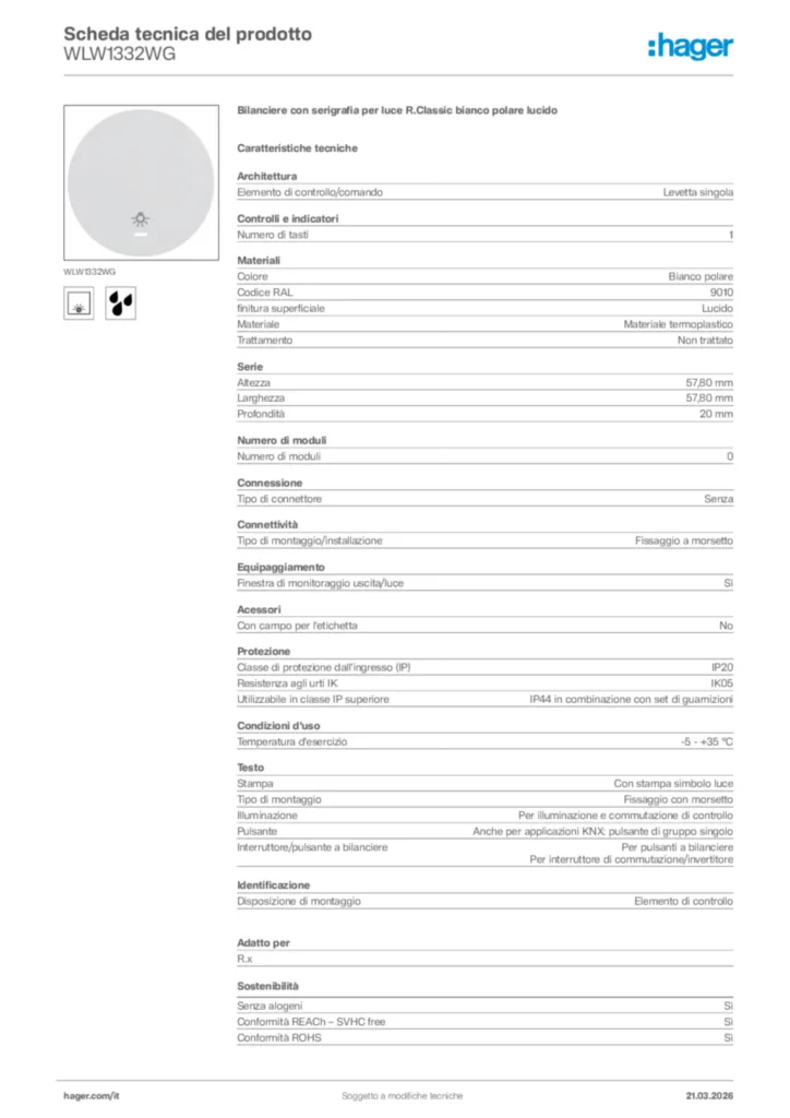 Immagine Hager Scheda tecnica del prodotto WLW1332WG | Hager Italia