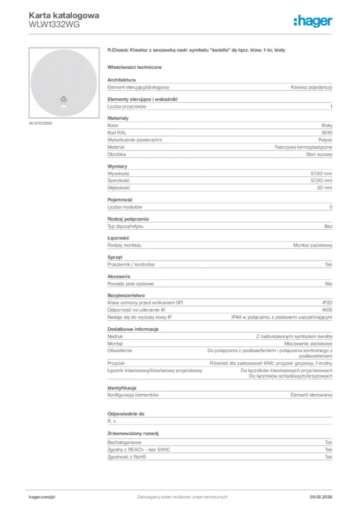 Zdjęcie Hager Karta katalogowa WLW1332WG | Hager Polska