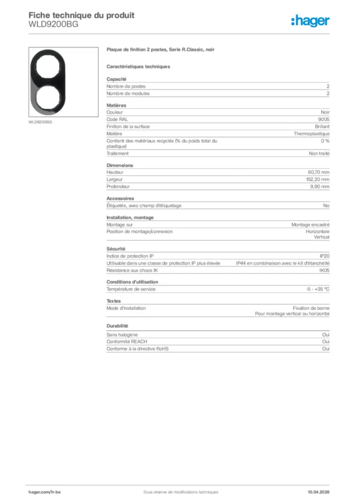 Image Hager Fiche technique du produit WLD9200BG | Hager Belgique