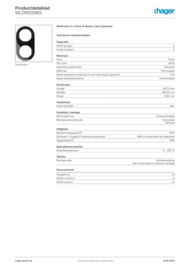 Afbeelding Hager Productdatablad WLD9200BG | Hager Belgium