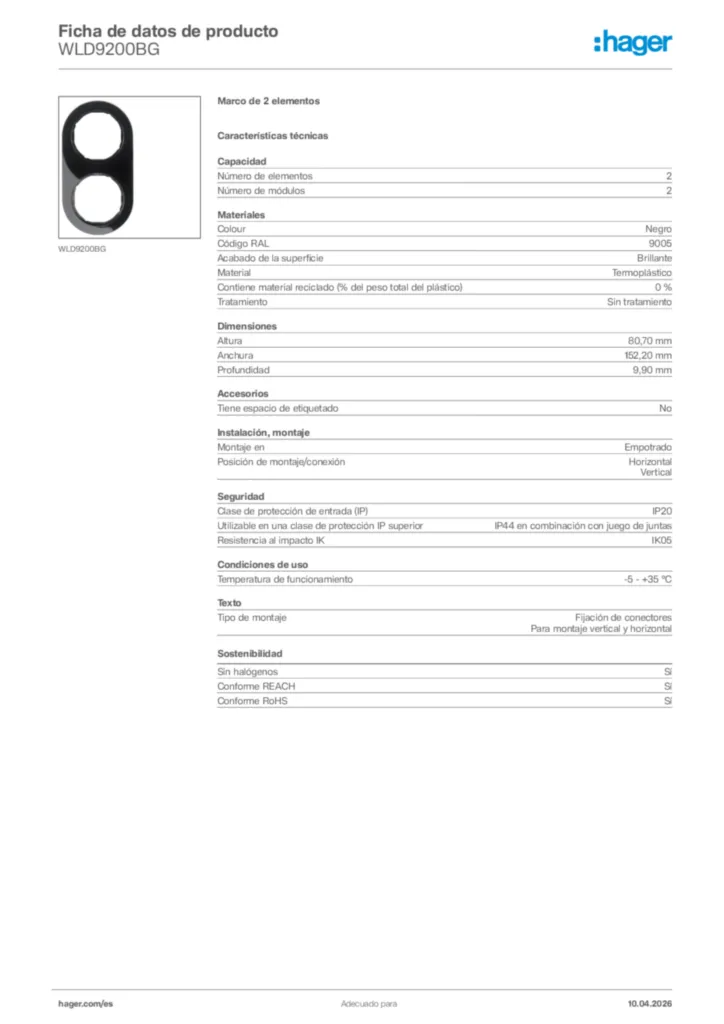 Imagen Hager Ficha de datos de producto WLD9200BG | Hager España