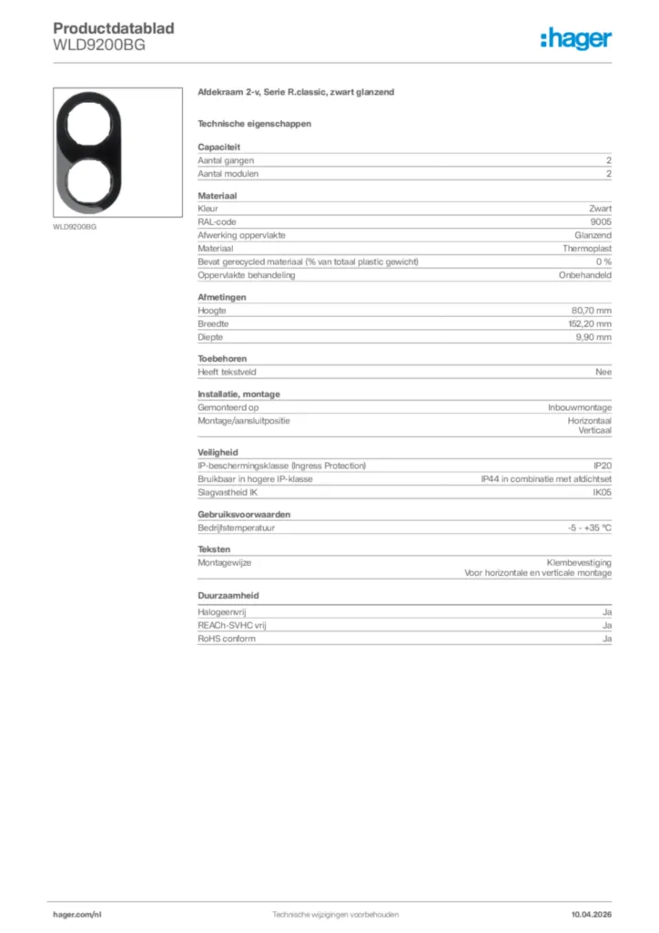 Afbeelding Hager Productdatablad WLD9200BG | Hager Nederland