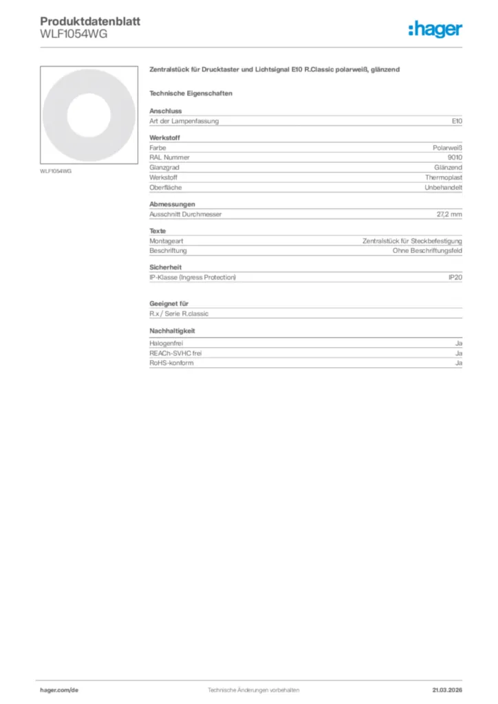 Bild Hager Produktdatenblatt WLF1054WG | Hager Deutschland