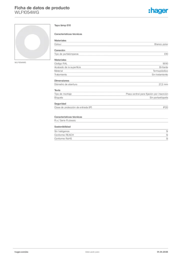 Imagen Hager Ficha de datos de producto WLF1054WG | Hager España