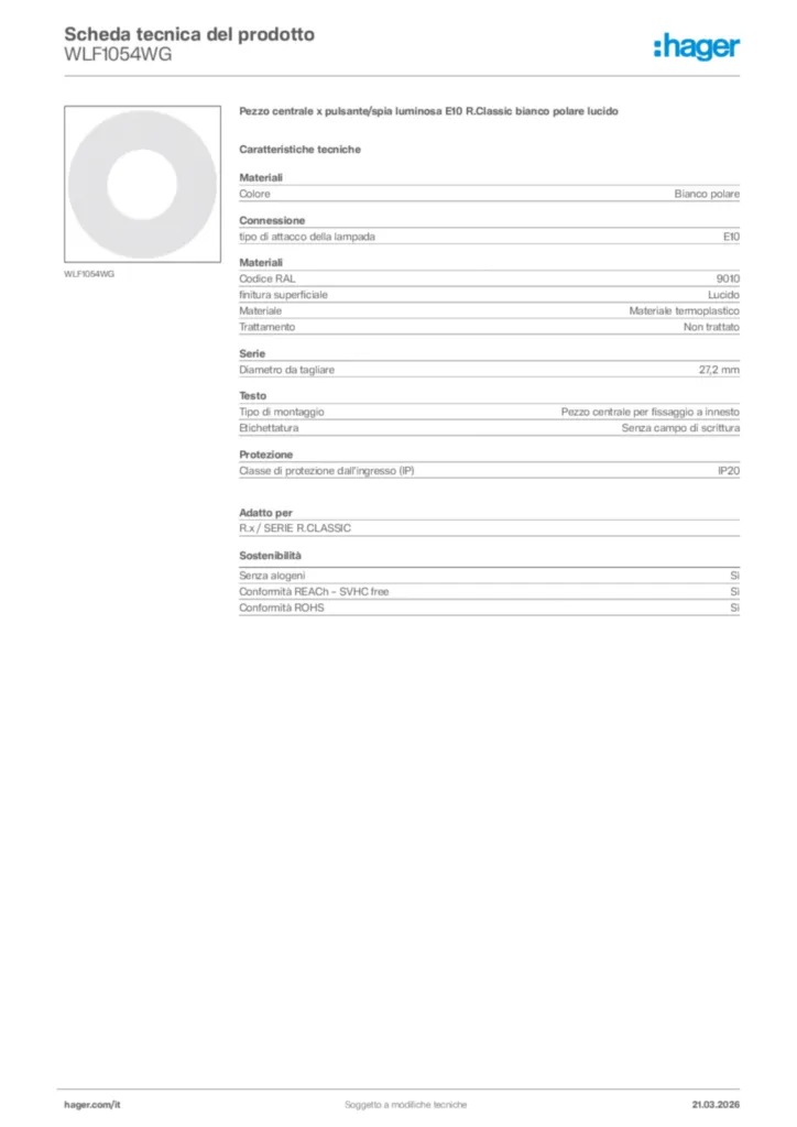 Immagine Hager Scheda tecnica del prodotto WLF1054WG | Hager Italia