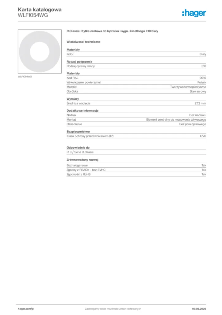 Zdjęcie Hager Karta katalogowa WLF1054WG | Hager Polska