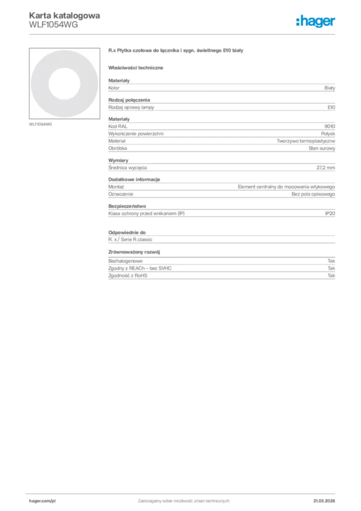 Zdjęcie Hager Karta katalogowa WLF1054WG | Hager Polska