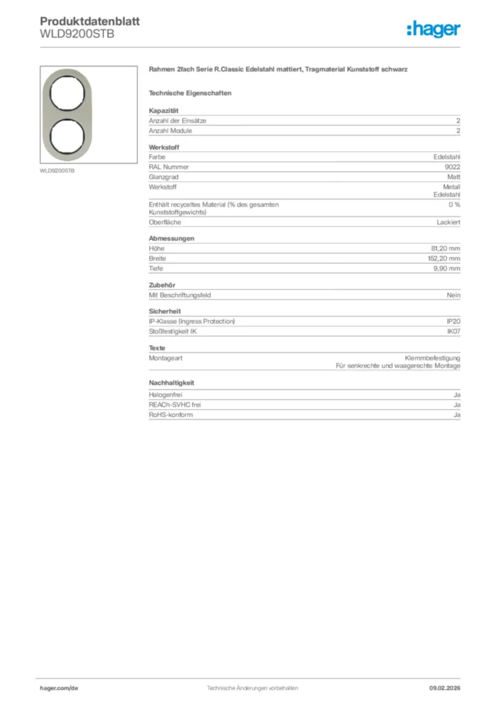 Bild Hager Produktdatenblatt WLD9200STB | Hager Deutschland