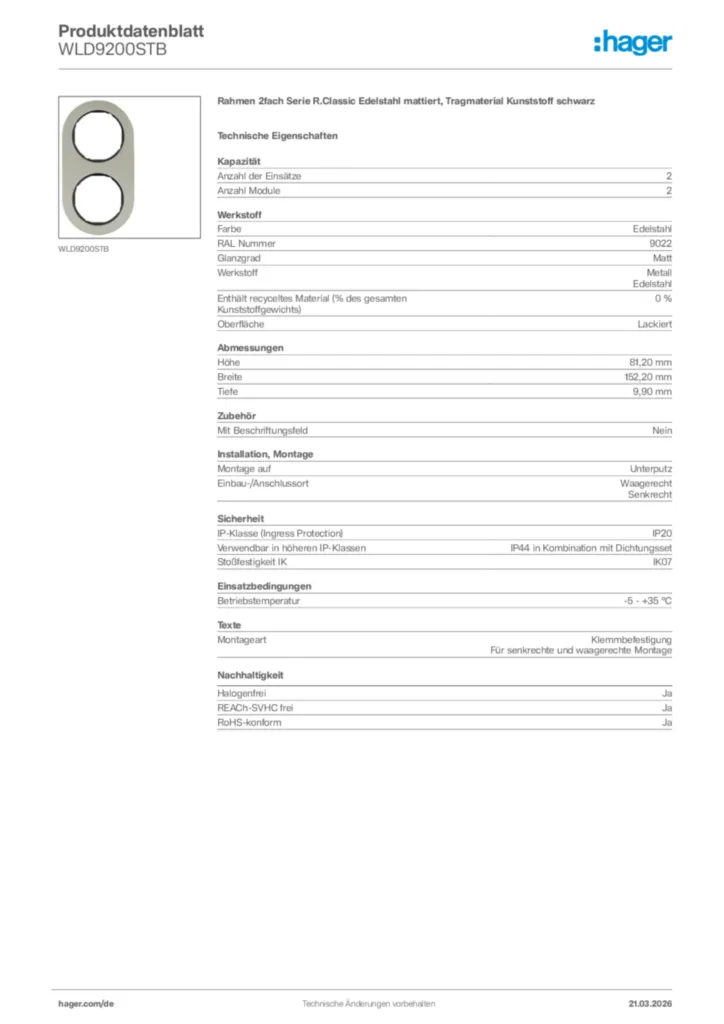 Bild Hager Produktdatenblatt WLD9200STB | Hager Deutschland