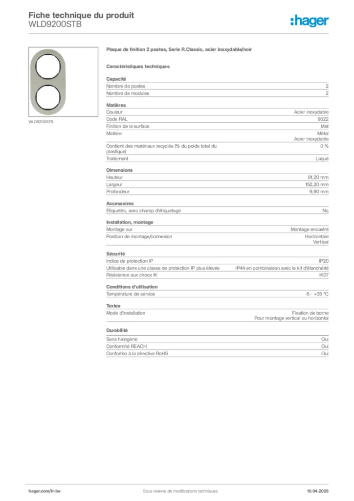 Image Hager Fiche technique du produit WLD9200STB | Hager Belgique