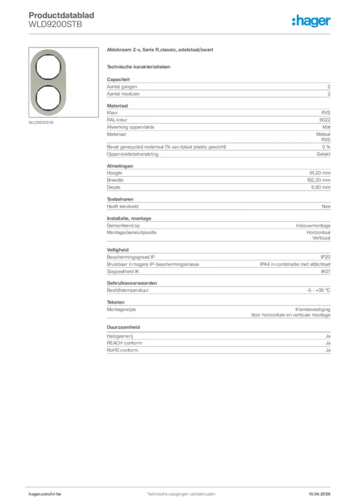 Afbeelding Hager Productdatablad WLD9200STB | Hager Belgium