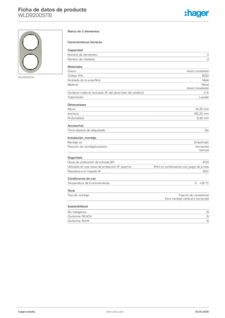 Imagen Hager Ficha de datos de producto WLD9200STB | Hager España