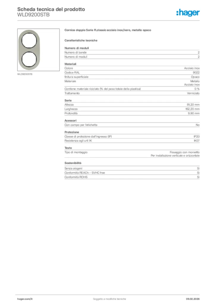 Immagine Hager Scheda tecnica del prodotto WLD9200STB | Hager Italia