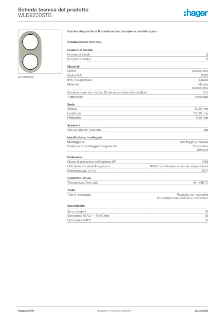 Immagine Hager Scheda tecnica del prodotto WLD9200STB | Hager Italia