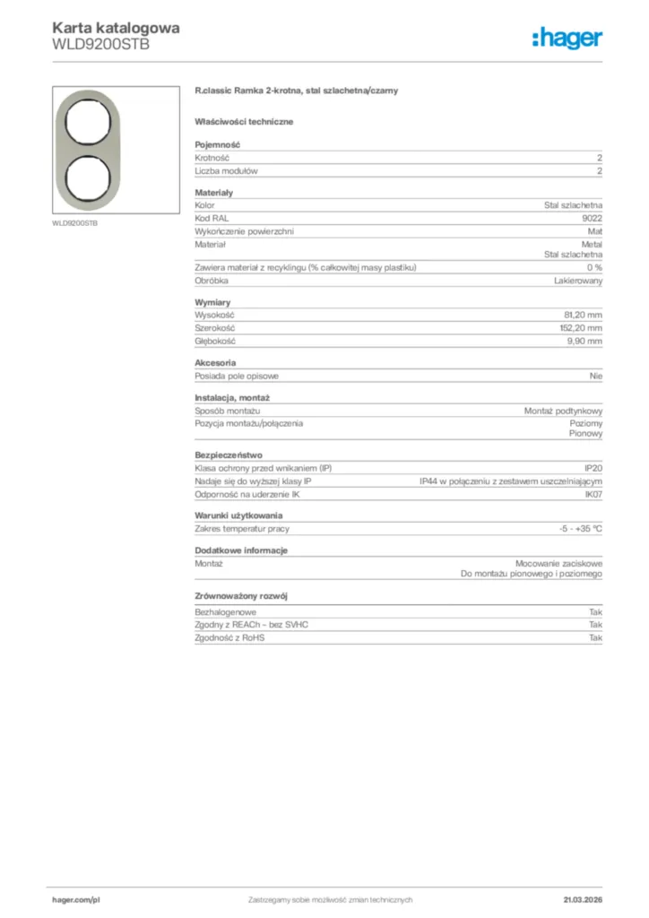 Zdjęcie Hager Karta katalogowa WLD9200STB | Hager Polska