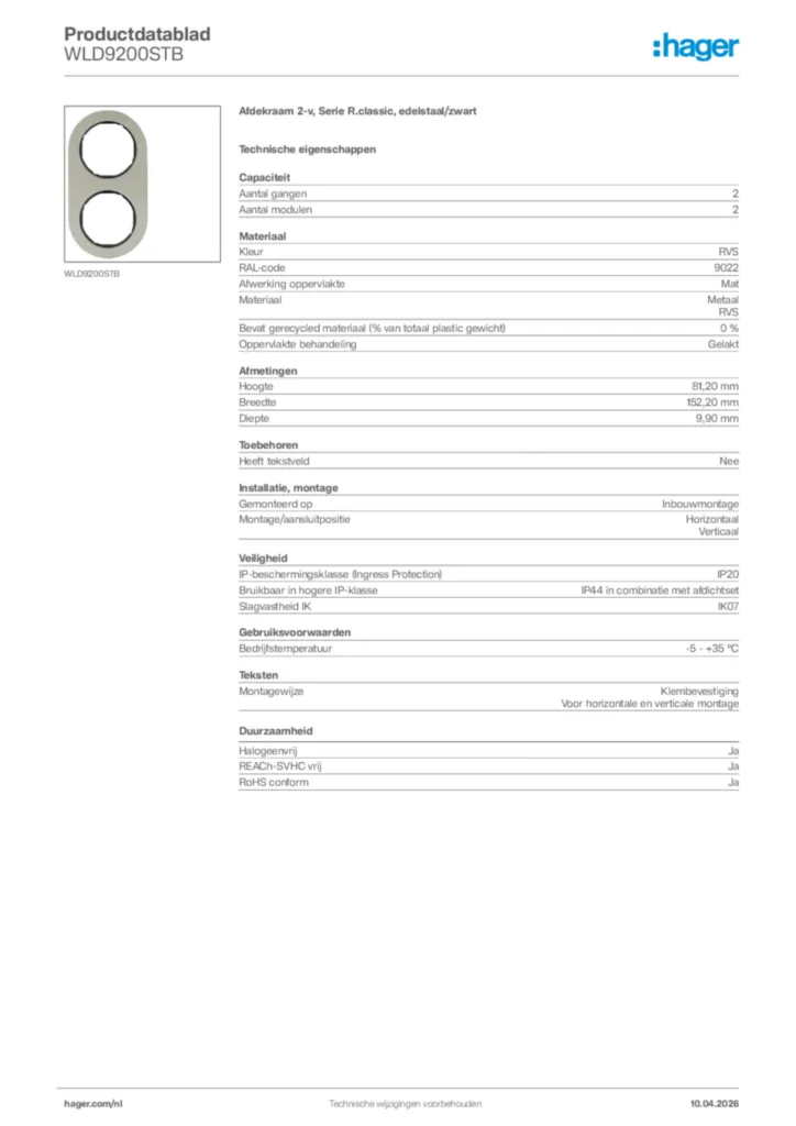 Afbeelding Hager Productdatablad WLD9200STB | Hager Nederland