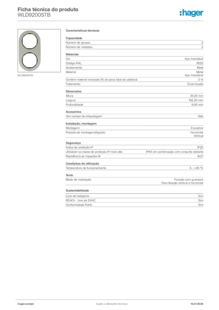 Imagem Hager Ficha técnica do produto WLD9200STB | Hager Portugal
