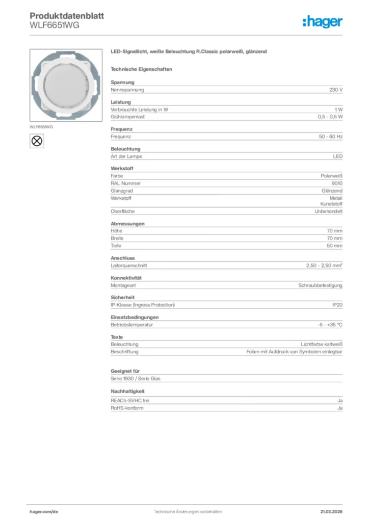Bild Hager Produktdatenblatt WLF6651WG | Hager Deutschland