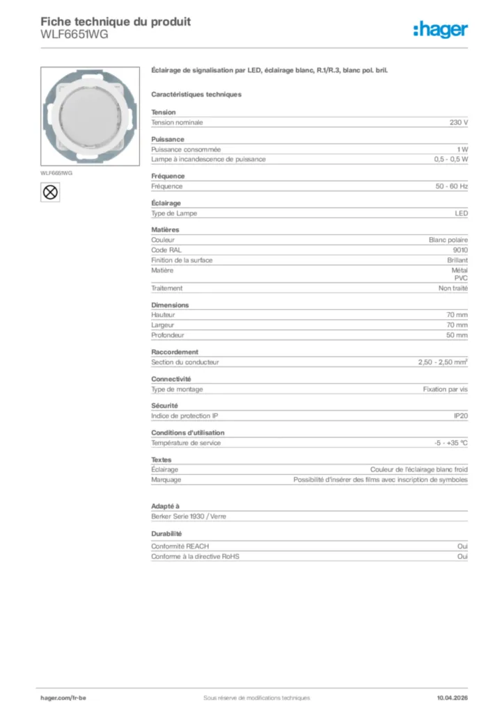 Image Hager Fiche technique du produit WLF6651WG | Hager Belgique