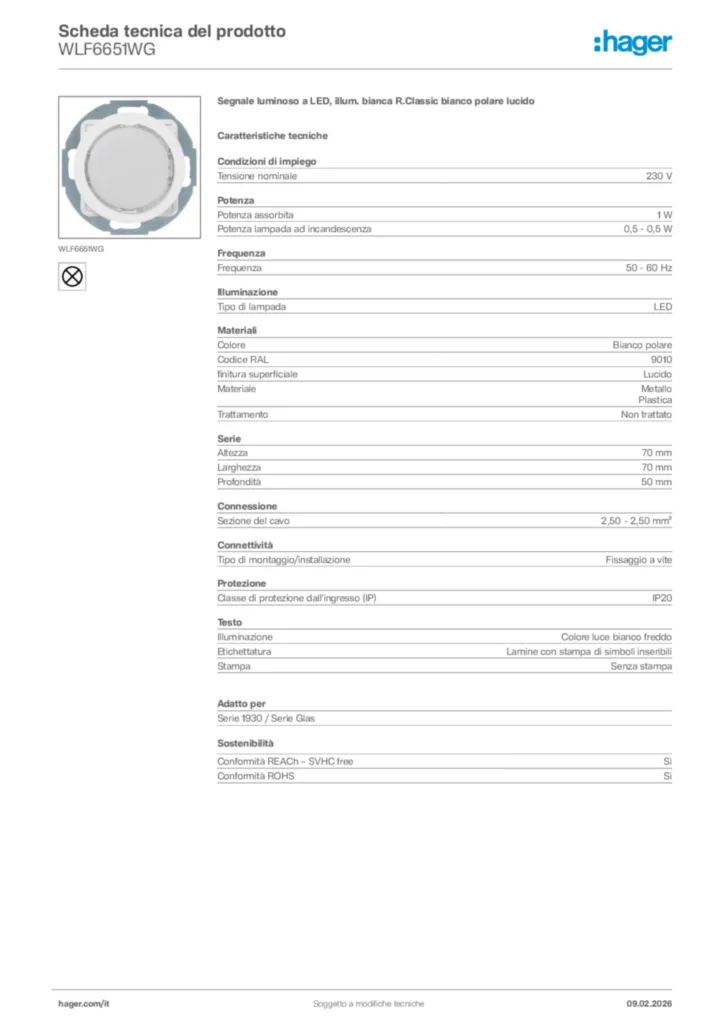 Immagine Hager Scheda tecnica del prodotto WLF6651WG | Hager Italia
