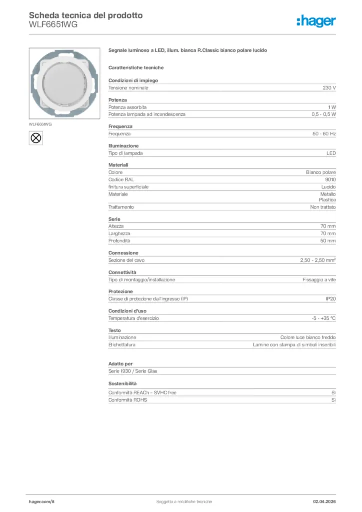 Immagine Hager Scheda tecnica del prodotto WLF6651WG | Hager Italia