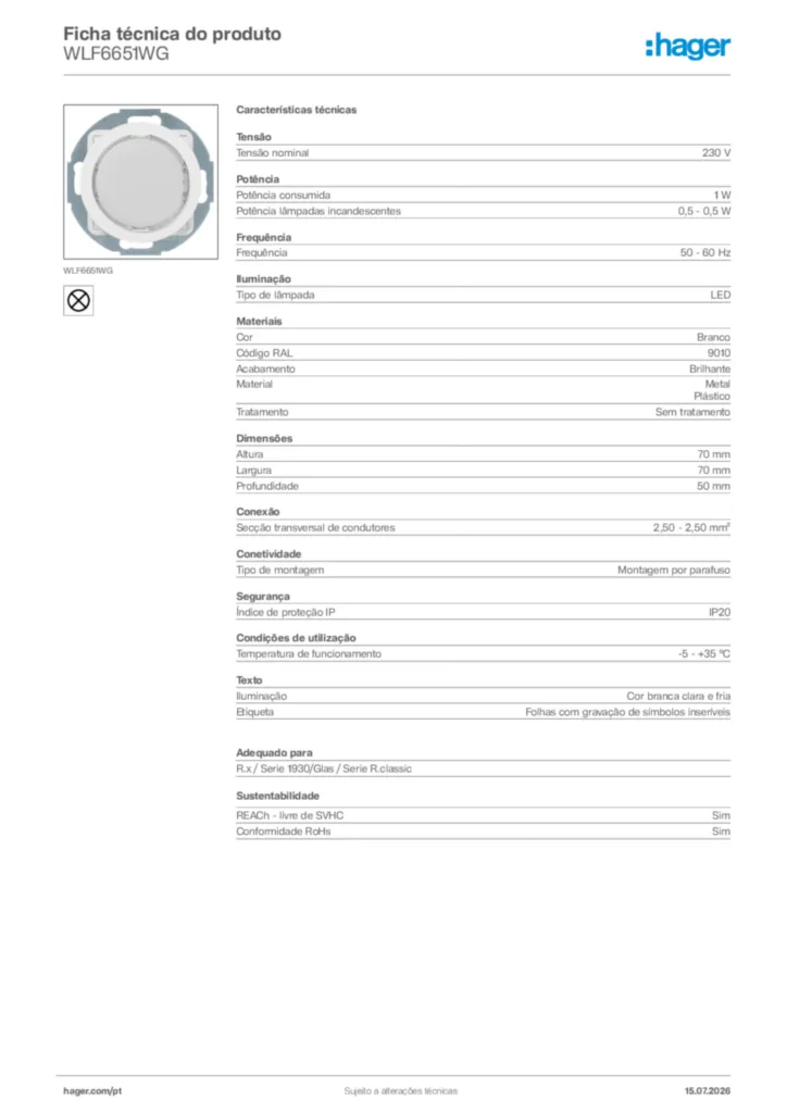 Imagem Hager Ficha técnica do produto WLF6651WG | Hager Portugal