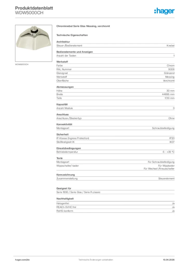 Bild Hager Produktdatenblatt WDW5000CH | Hager Deutschland