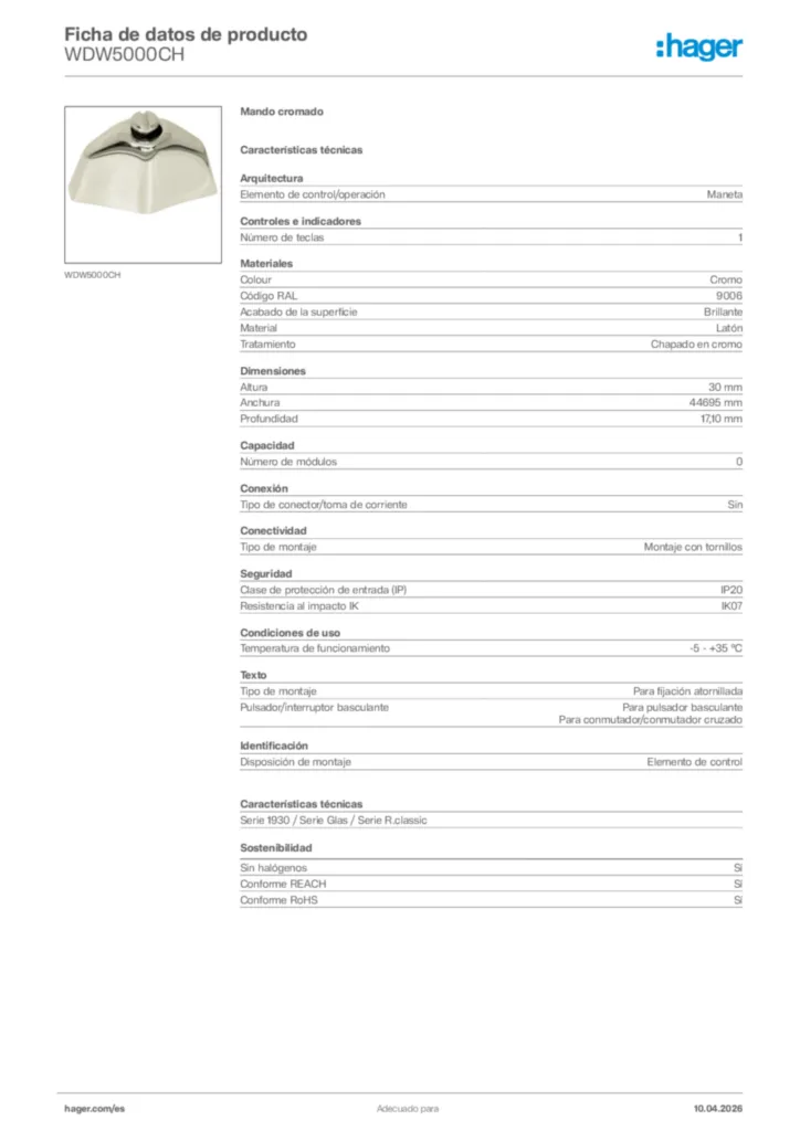 Imagen Hager Ficha de datos de producto WDW5000CH | Hager España