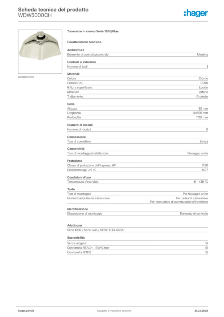 Immagine Hager Scheda tecnica del prodotto WDW5000CH | Hager Italia