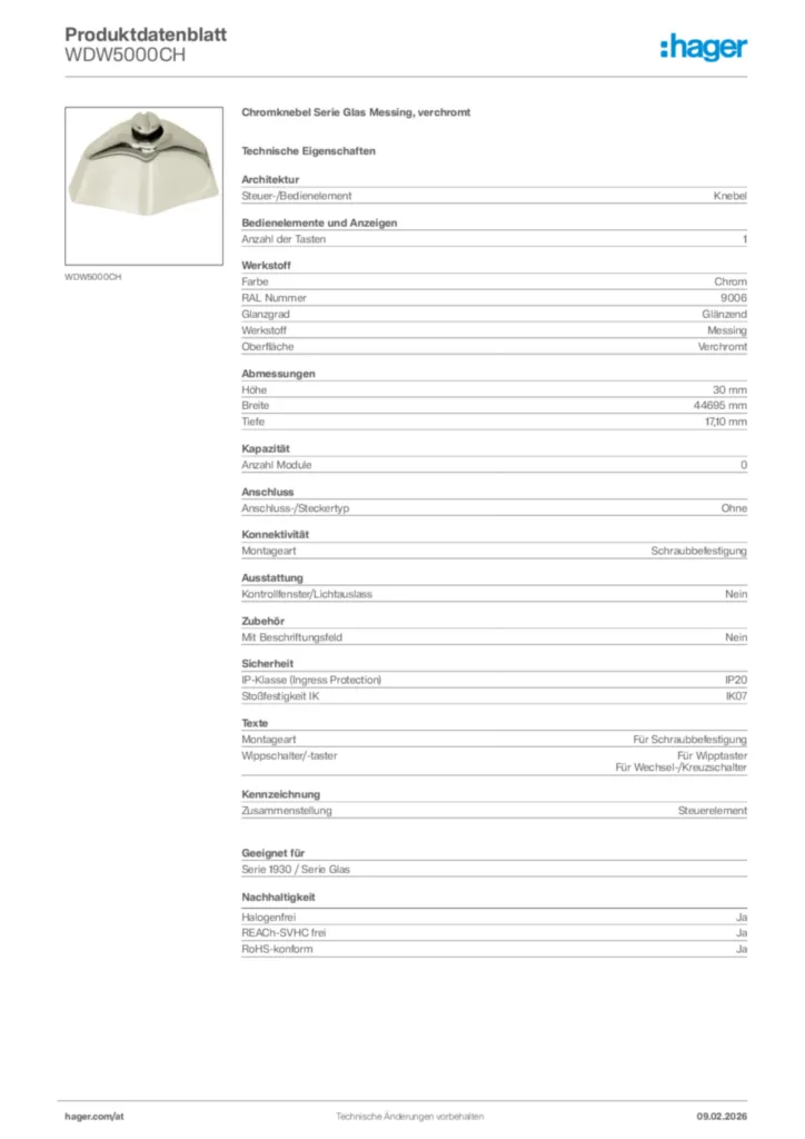 Bild Hager Produktdatenblatt WDW5000CH | Hager Deutschland