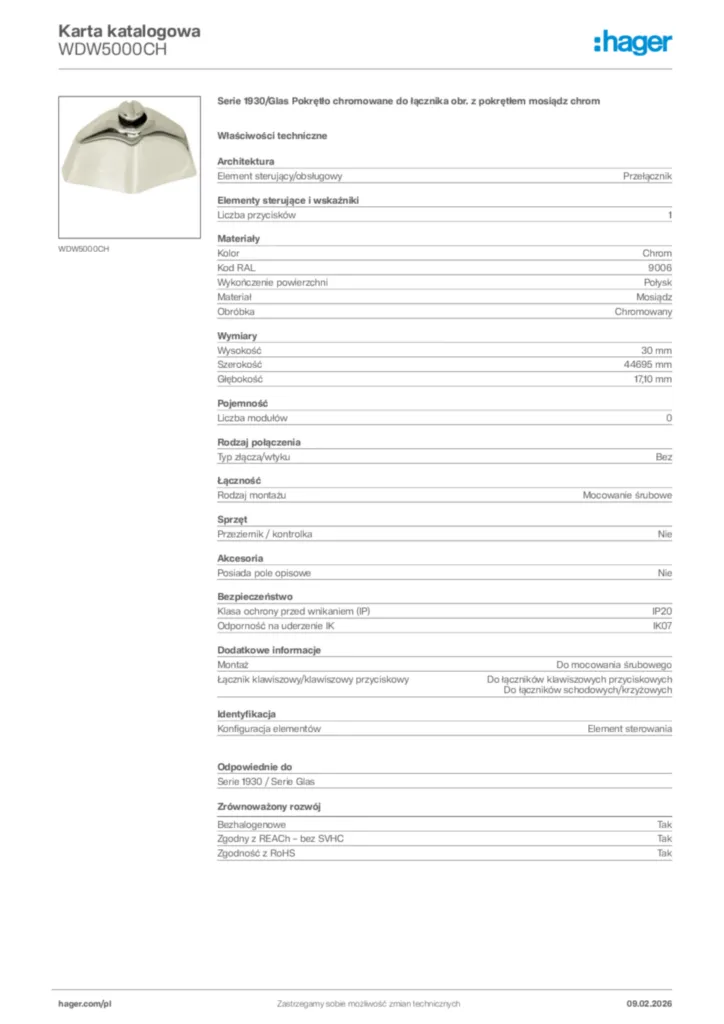 Zdjęcie Hager Karta katalogowa WDW5000CH | Hager Polska