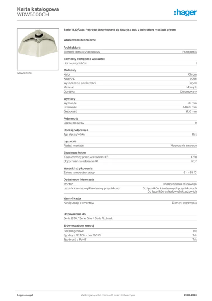 Zdjęcie Hager Karta katalogowa WDW5000CH | Hager Polska