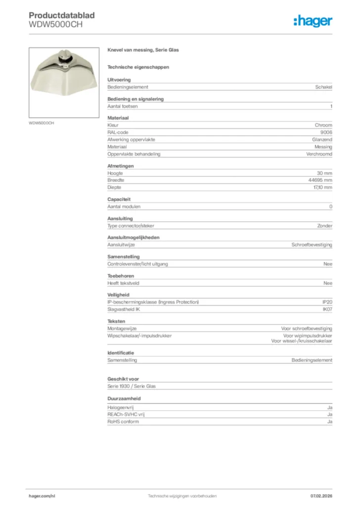 Afbeelding Hager Productdatablad WDW5000CH | Hager Nederland