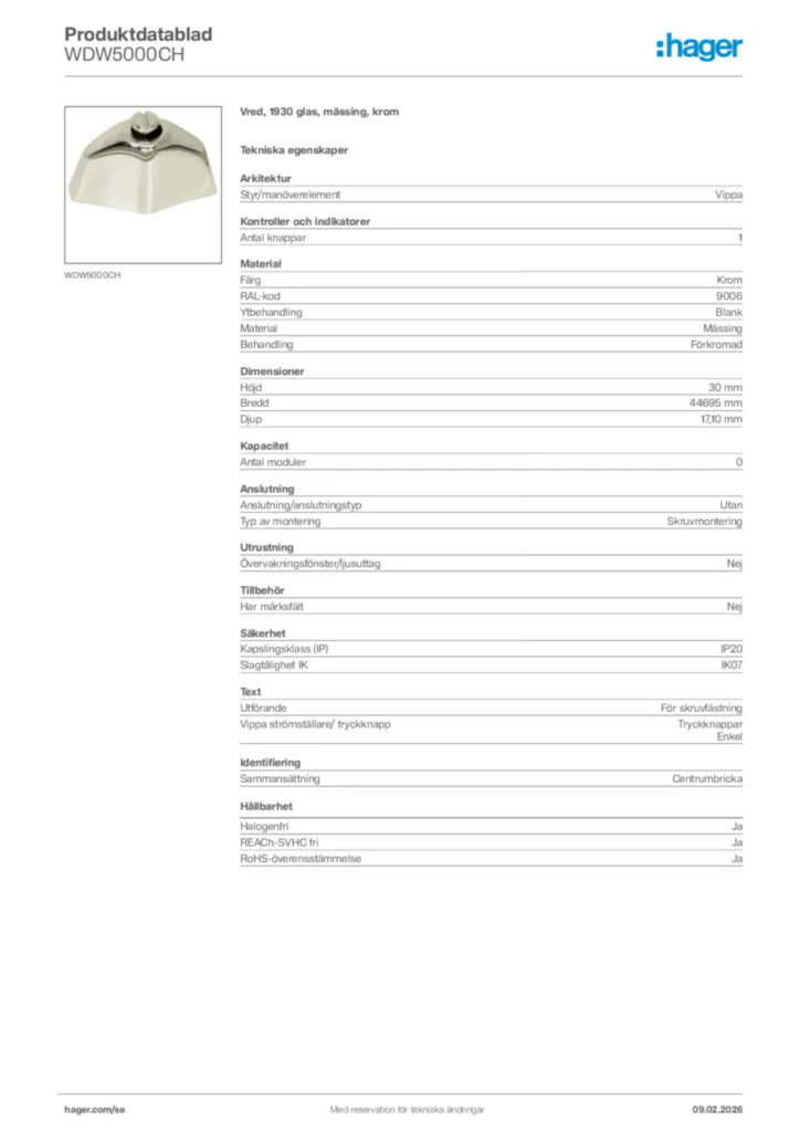 Bild Hager Produktdatablad WDW5000CH | Hager Sverige