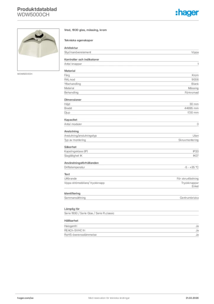 Bild Hager Produktdatablad WDW5000CH | Hager Sverige